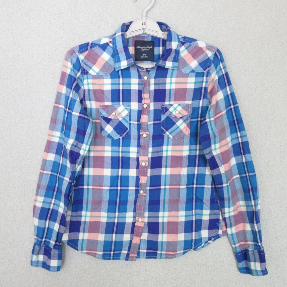 American Eagle Plaid Flannel Shirt Womens M Blue Plaid Pearl Snap Western